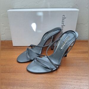 Vintage Charles David slingback heels Made In Spain strappy leather pewter steel